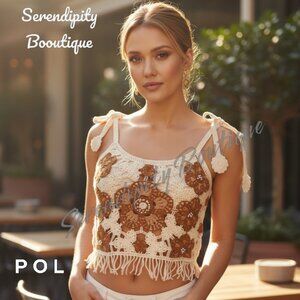 POL Cami Style Open Granny Crochet with Fringe & Tie Strap Boho Crop Top